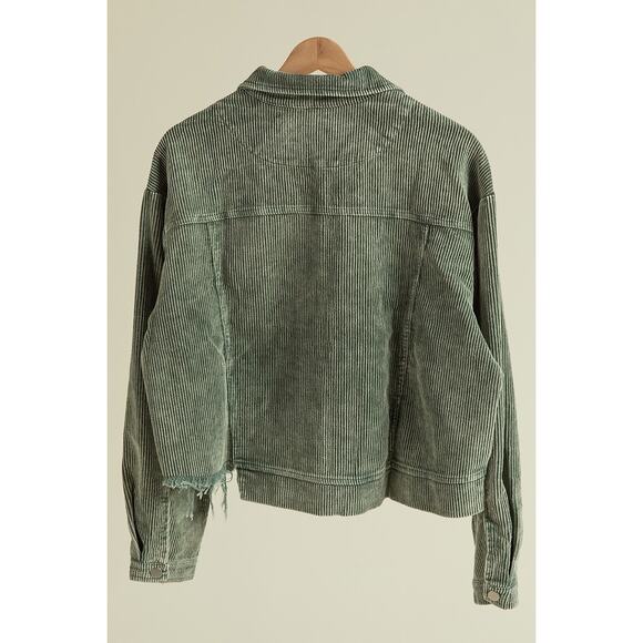 BiBi Vintage Washed Distressed Front Hem Relaxed Fit Corduroy Jacket | Fuchsia - Picture 6 of 7